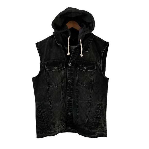 Pull & Bear Charcoal Gray Denim Hooded Vest Jacket XL - Picture 1 of 11